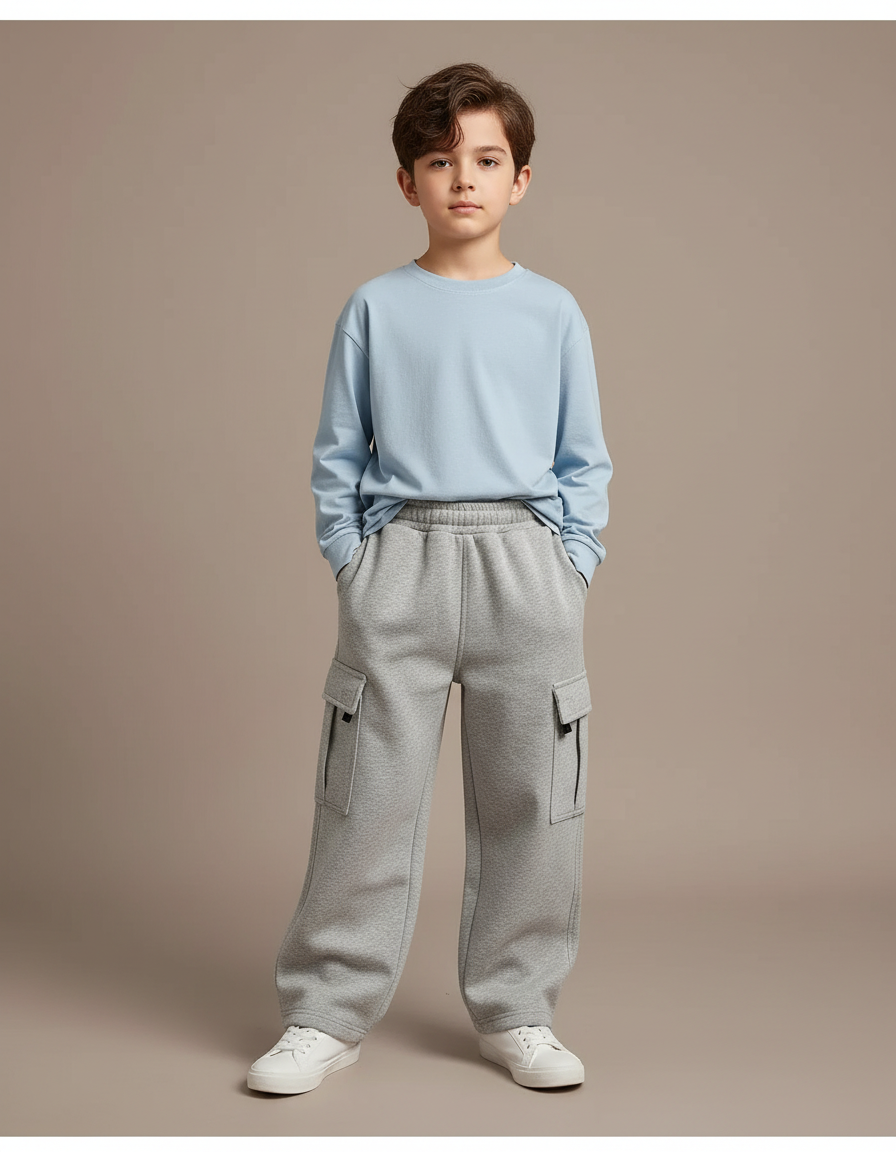 Pantalon Cargo Gris Molletonné Ample Streetwear Enfant