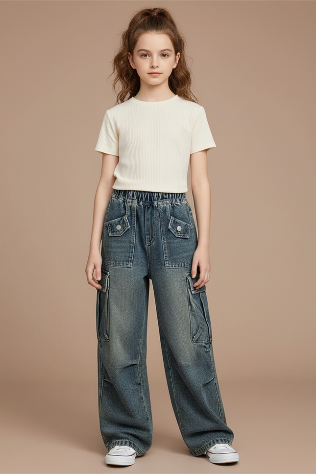 Pantalon Cargo Denim Ample Poches Larges Enfant - Bleu Jean