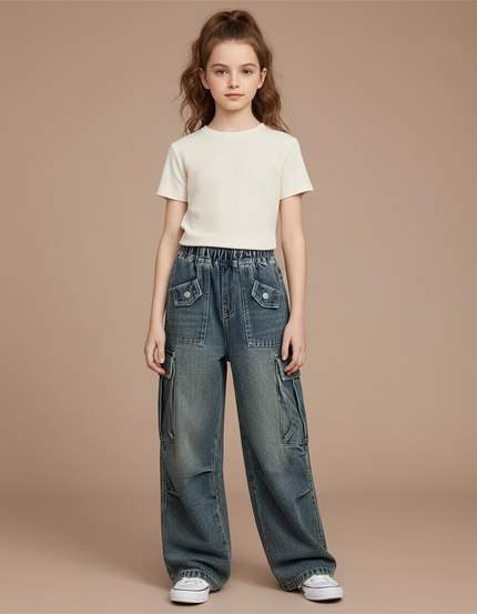 Pantalon Cargo Denim Ample Poches Larges Enfant - Bleu Jean