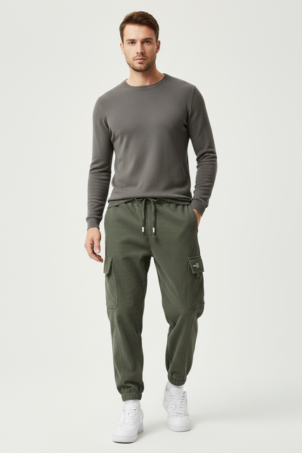 Pantalon Cargo Vert Côtelé Ample Décontracté Homme - Kaki Cordé