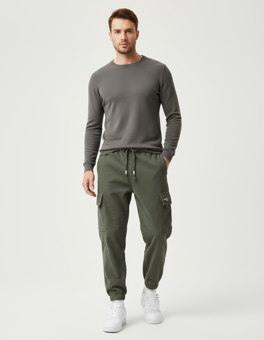 Pantalon Cargo Vert Côtelé Ample Décontracté Homme - Kaki Cordé