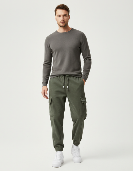 Pantalon Cargo Vert Côtelé Ample Décontracté Homme - Kaki Cordé