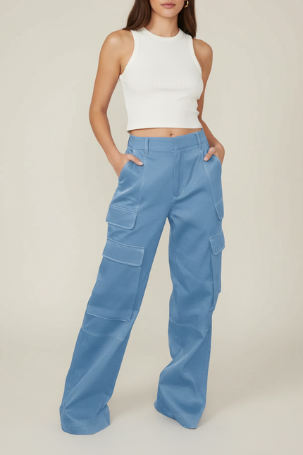 Pantalon Cargo Bleu Satin Ample Poches Femme