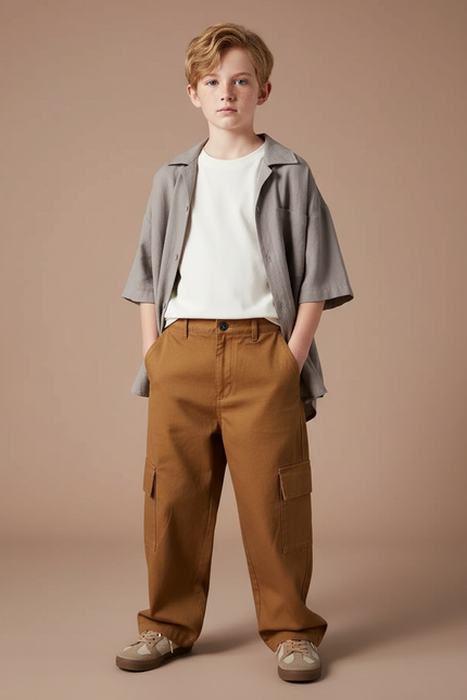 Pantalon Cargo Marron Ample Coton Enfant Garçon - Toile