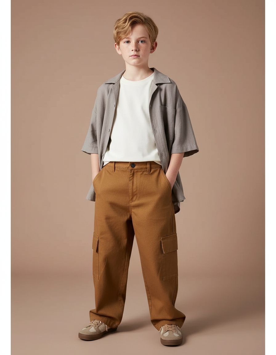 Pantalon Cargo Marron Ample Coton Enfant Garçon - Toile
