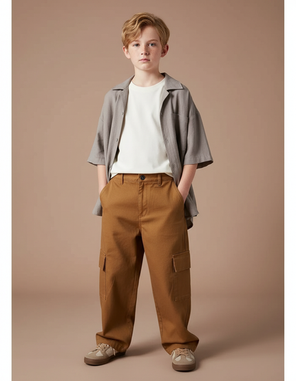 Pantalon Cargo Marron Ample Coton Enfant Garçon - Toile