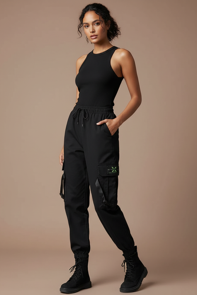 Pantalon Cargo Noir Décontracté Poches Femme - Polyester