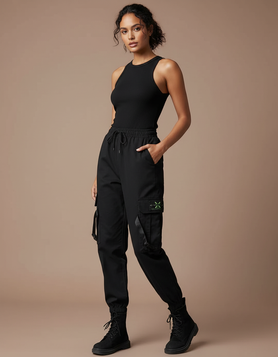 Pantalon Cargo Noir Décontracté Poches Femme - Polyester