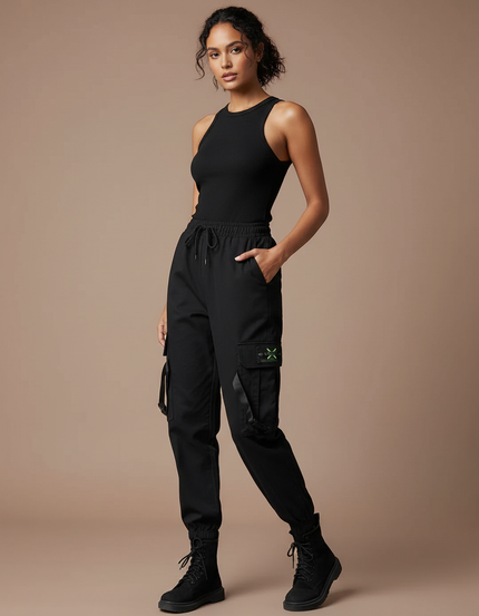 Pantalon Cargo Noir Décontracté Poches Femme - Polyester