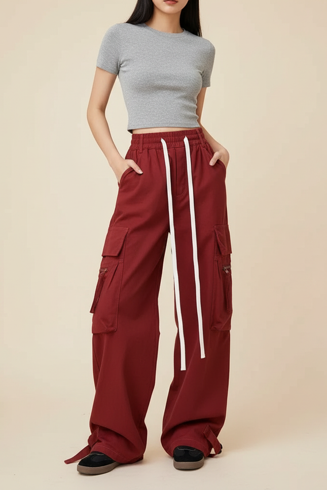 Pantalon Cargo Large Rouge Ample Cordon Fluide - Bordeaux Gabardine