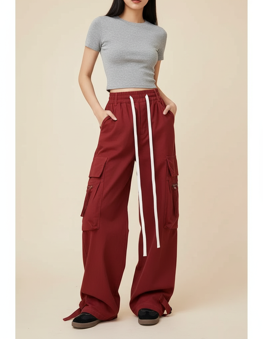 Pantalon Cargo Large Rouge Ample Cordon Fluide - Bordeaux Gabardine