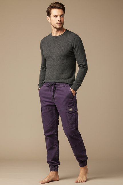 Pantalon Cargo Violet Coton Homme Jogger Multi-poches