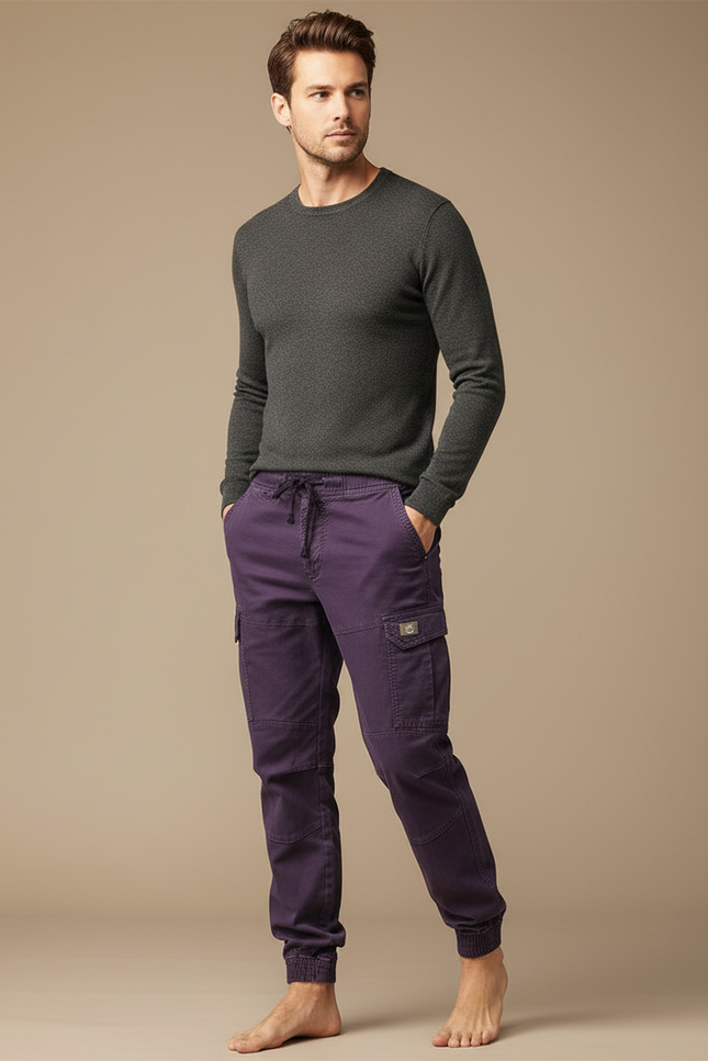 Pantalon Cargo Violet Coton Homme Jogger Multi-poches