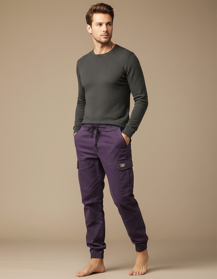 Pantalon Cargo Violet Coton Homme Jogger Multi-poches