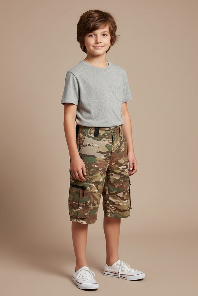 Pantalon Cargo Camouflage Enfant Coupe Droite Multi-Poches - Multicolore Coton
