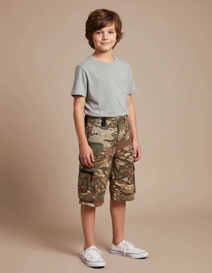 Pantalon Cargo Camouflage Enfant Coupe Droite Multi-Poches - Multicolore Coton