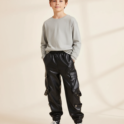 Pantalon Cargo Noir Similicuir Garçon Poches Sangles - Simili cuir