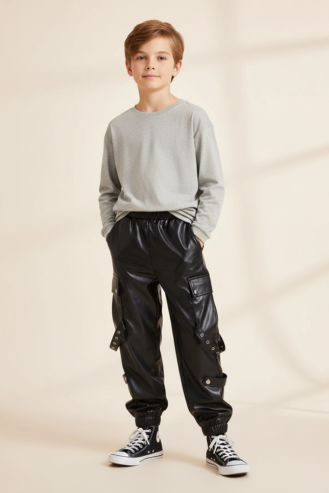 Pantalon Cargo Noir Similicuir Garçon Poches Sangles - Simili cuir