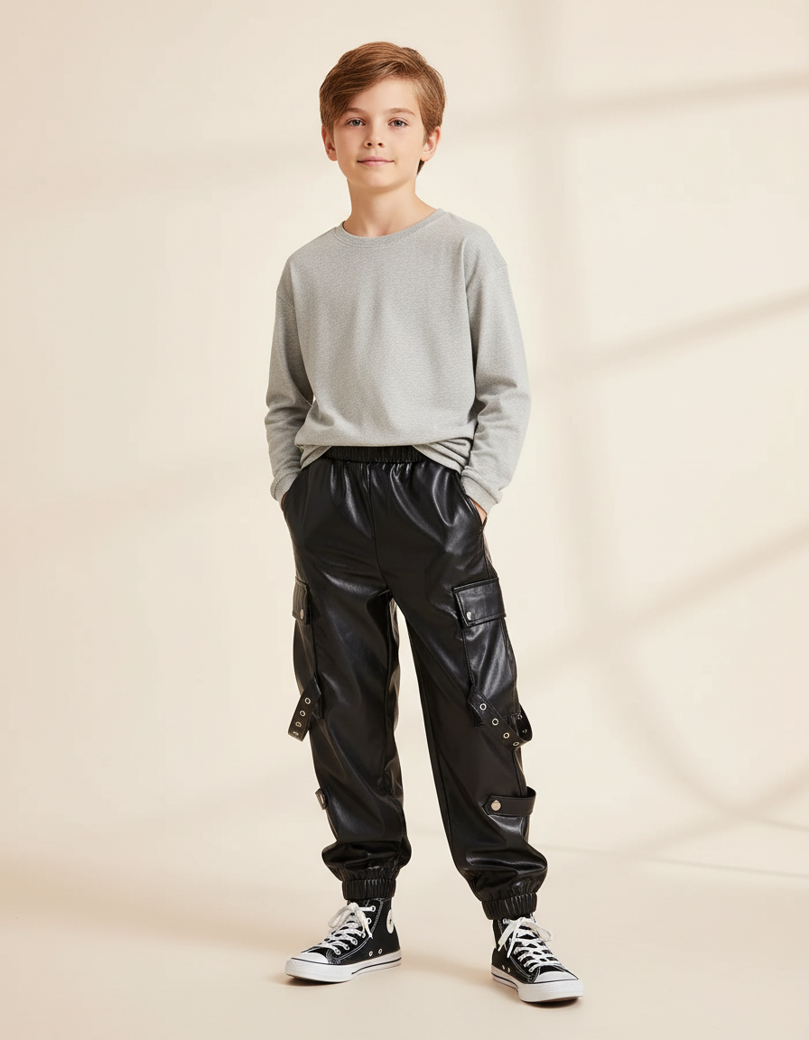 Pantalon Cargo Noir Similicuir Garçon Poches Sangles - Simili cuir