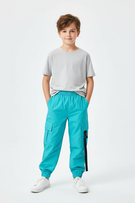 Pantalon Cargo Turquoise Ample Garçon Poches - Bleu Polyester