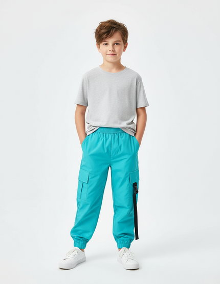 Pantalon Cargo Turquoise Ample Garçon Poches - Bleu Polyester