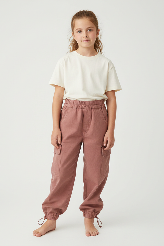 Pantalon Cargo Rose Ample Poches Fille Cordon - Coton