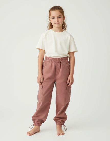 Pantalon Cargo Rose Ample Poches Fille Cordon - Coton
