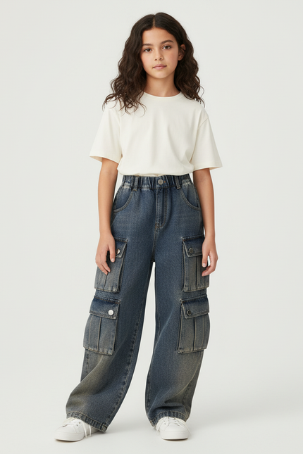 Pantalon Cargo Fille Denim Ample Poches Latérales - Bleu Jean