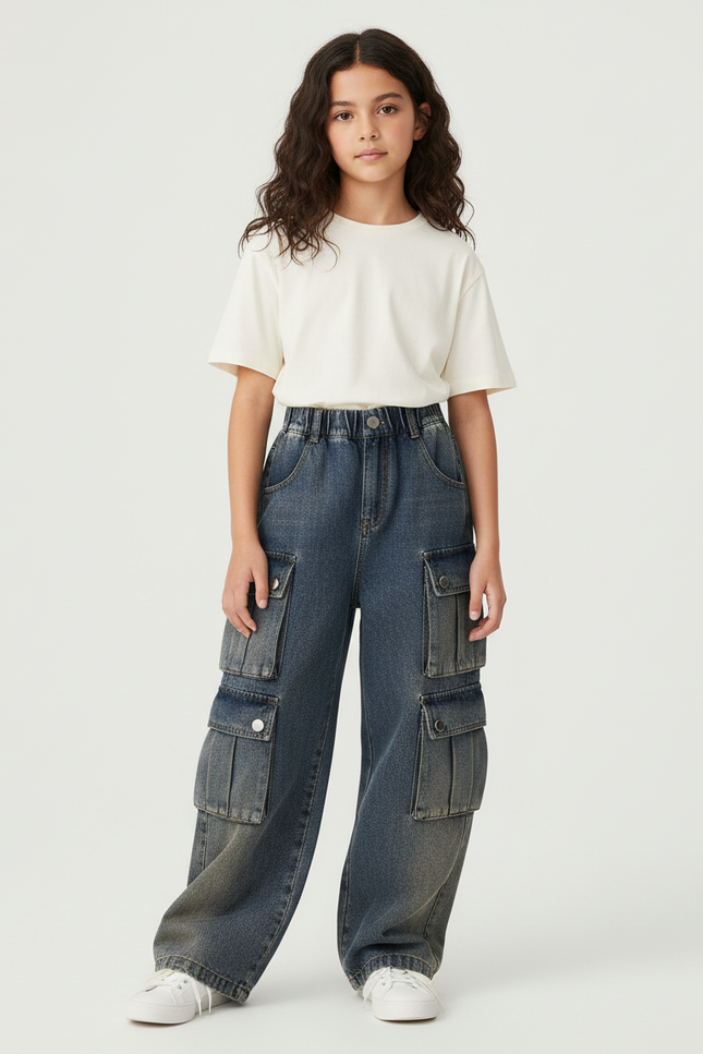 Pantalon Cargo Fille Denim Ample Poches Latérales - Bleu Jean