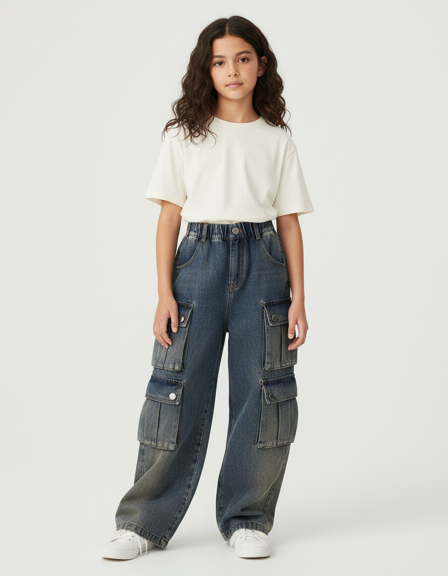 Pantalon Cargo Fille Denim Ample Poches Latérales - Bleu Jean