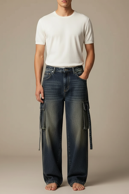 Pantalon Cargo Jean Délavé Ample Multipoches Homme - Bleu