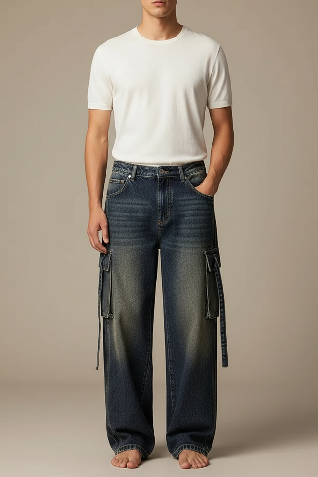 Pantalon Cargo Jean Délavé Ample Multipoches Homme - Bleu