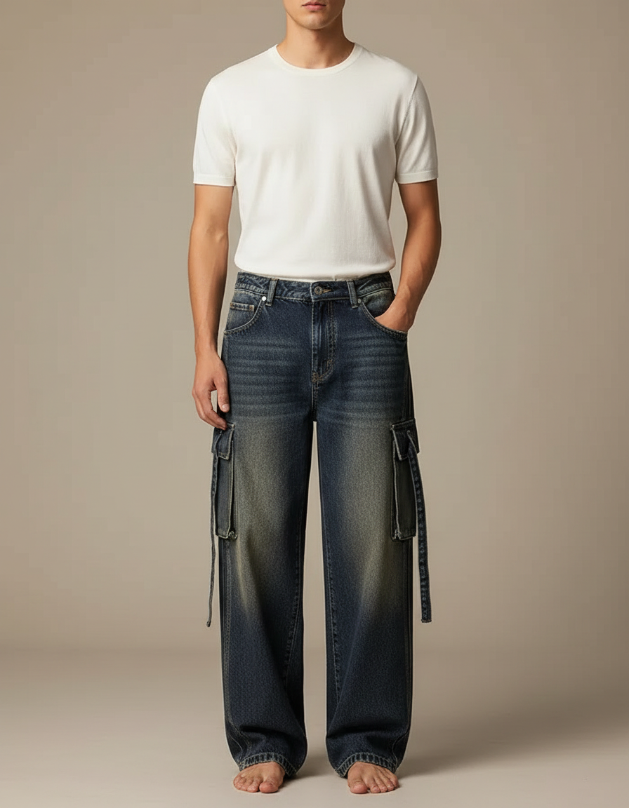 Pantalon Cargo Jean Délavé Ample Multipoches Homme - Bleu