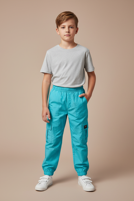 Pantalon Cargo Turquoise Ample Garçon Streetwear - Bleu Polyester