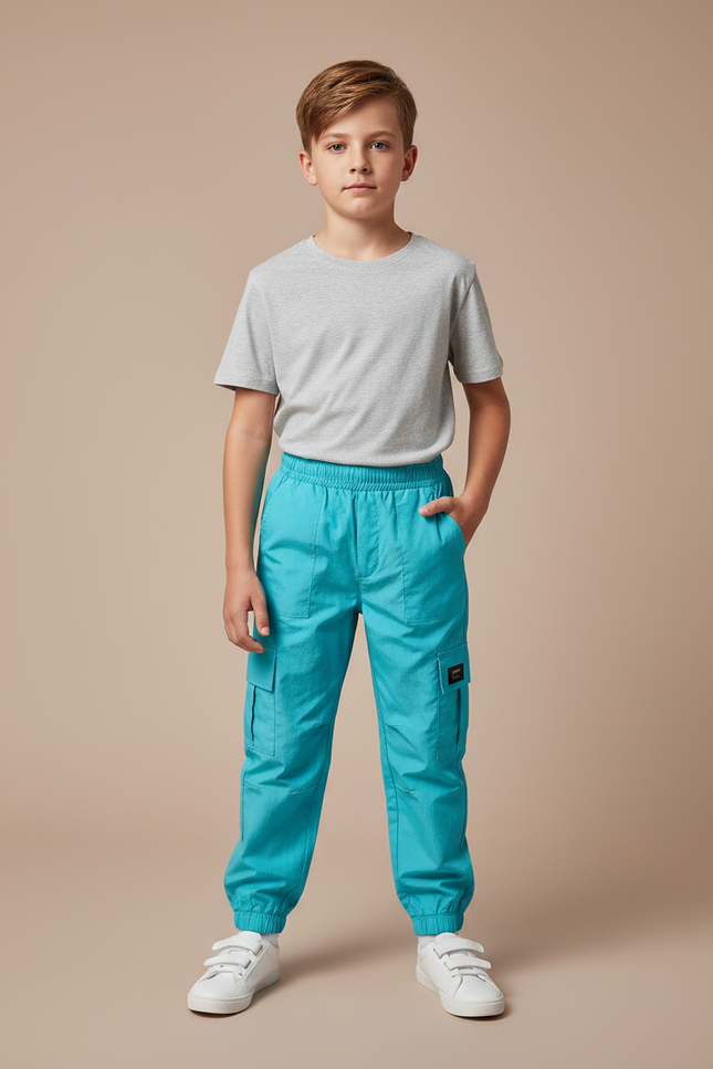 Pantalon Cargo Turquoise Ample Garçon Streetwear - Bleu Polyester