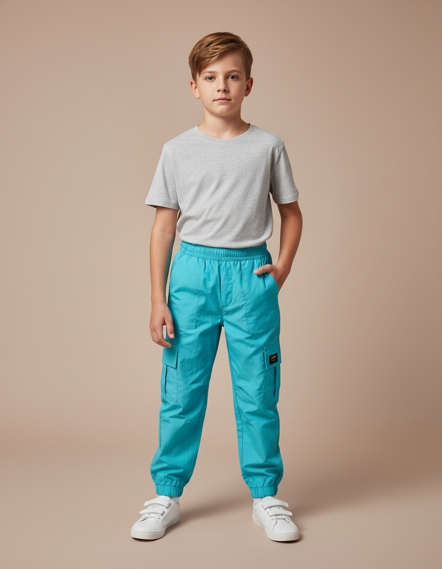 Pantalon Cargo Turquoise Ample Garçon Streetwear - Bleu Polyester