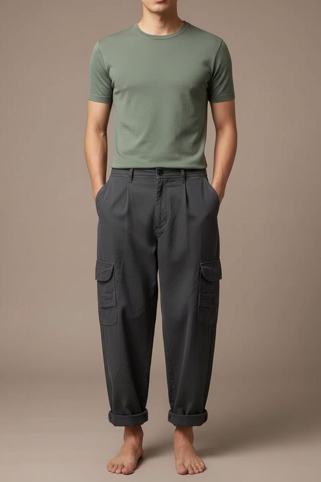 Pantalon Cargo Ample Gris Homme Décontracté Coton - Toile