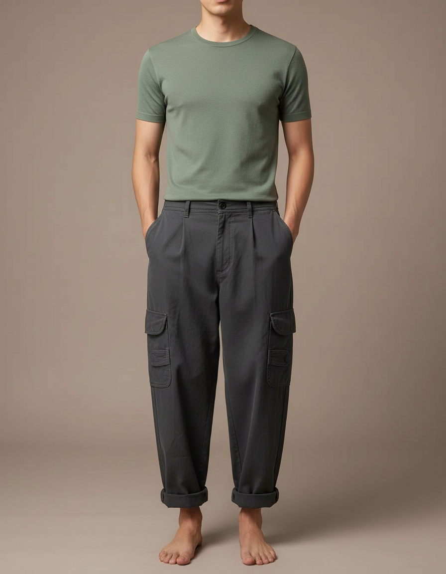 Pantalon Cargo Ample Gris Homme Décontracté Coton - Toile