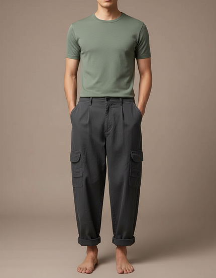 Pantalon Cargo Ample Gris Homme Décontracté Coton - Toile