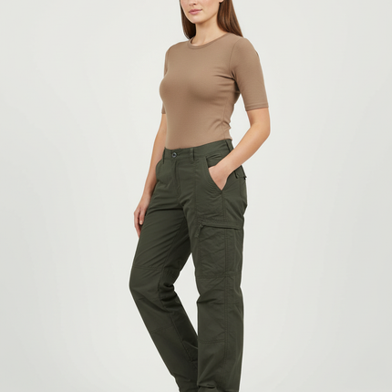Pantalon Cargo Femme Vert Olive Droit - Kaki Gabardine