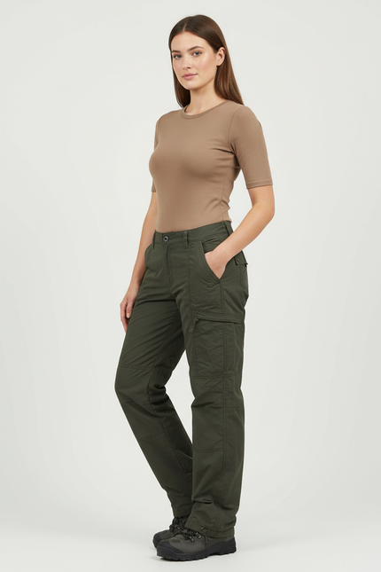 Pantalon Cargo Femme Vert Olive Droit - Kaki Gabardine