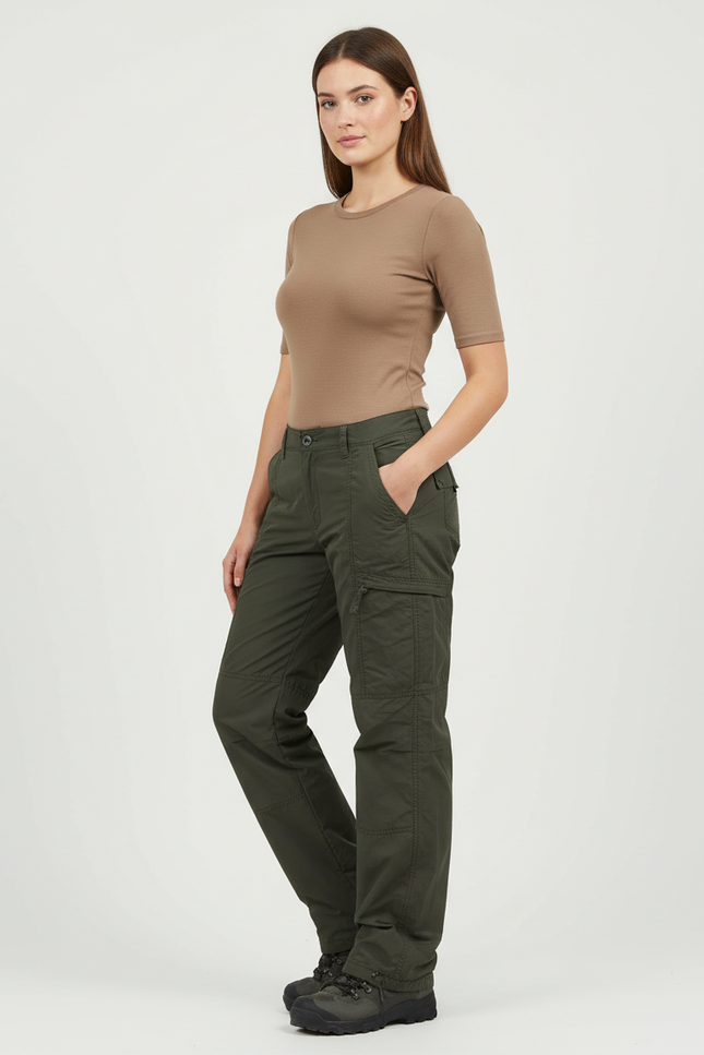 Pantalon Cargo Femme Vert Olive Droit - Kaki Gabardine