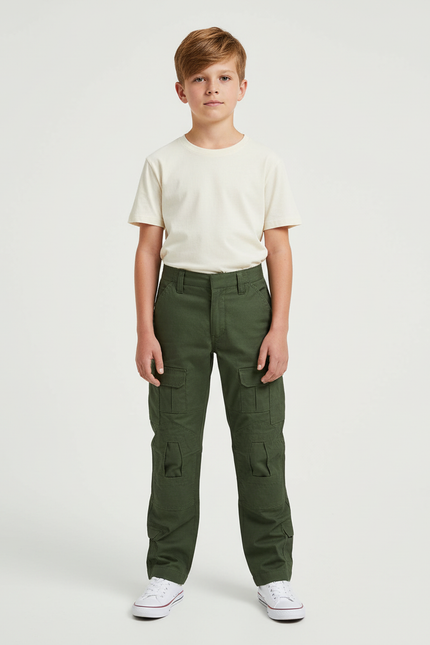 Pantalon Cargo Vert Militaire Enfant Coton Tactique - Kaki Toile