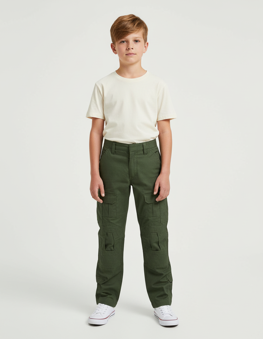 Pantalon Cargo Vert Militaire Enfant Coton Tactique - Kaki Toile