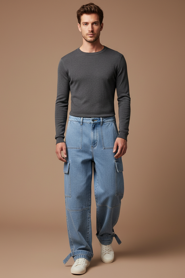Pantalon Cargo Bleu Ample Denim Streetwear - Jean