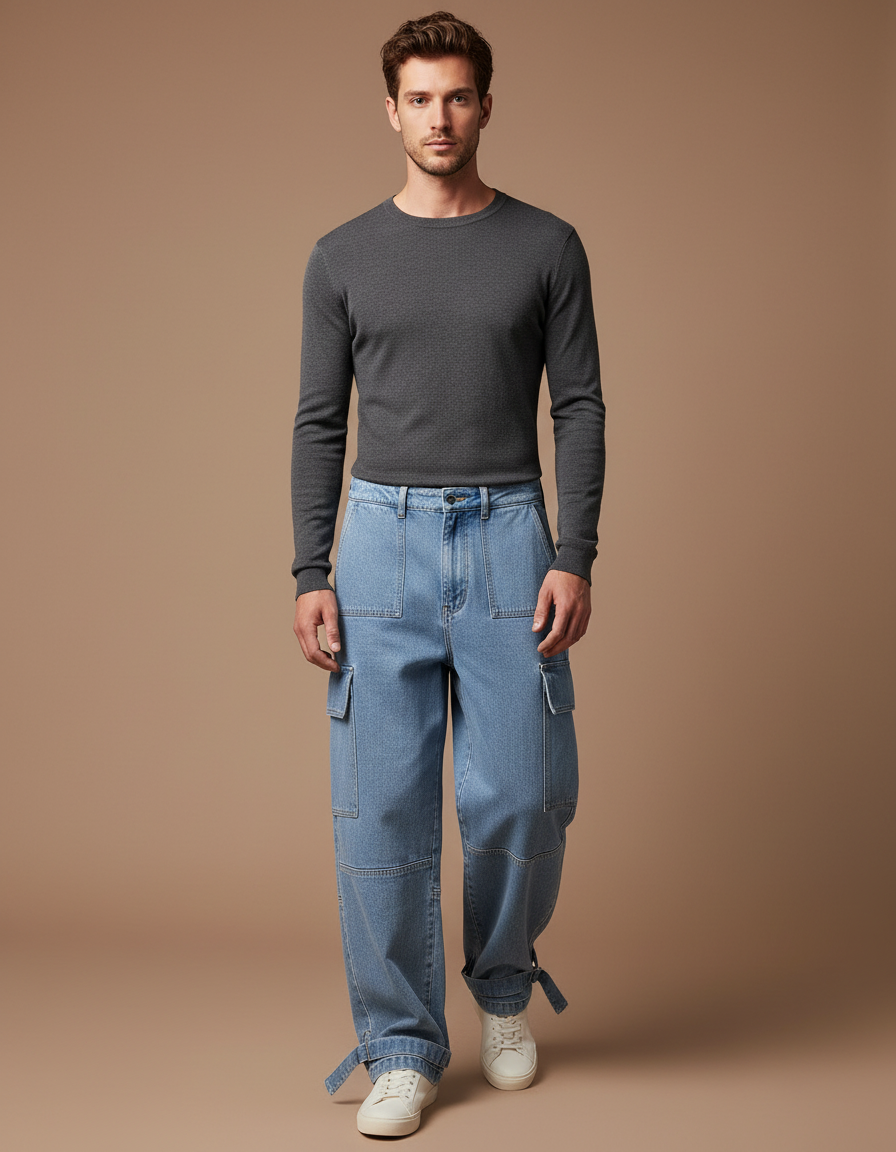 Pantalon Cargo Bleu Ample Denim Streetwear - Jean
