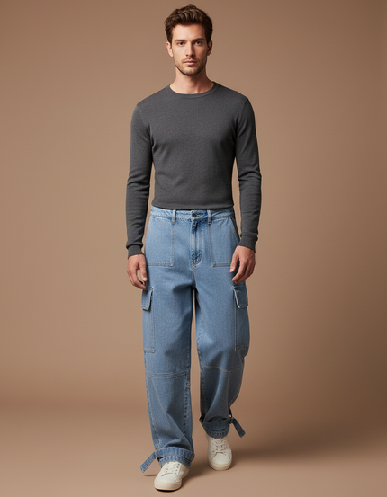 Pantalon Cargo Bleu Ample Denim Streetwear - Jean