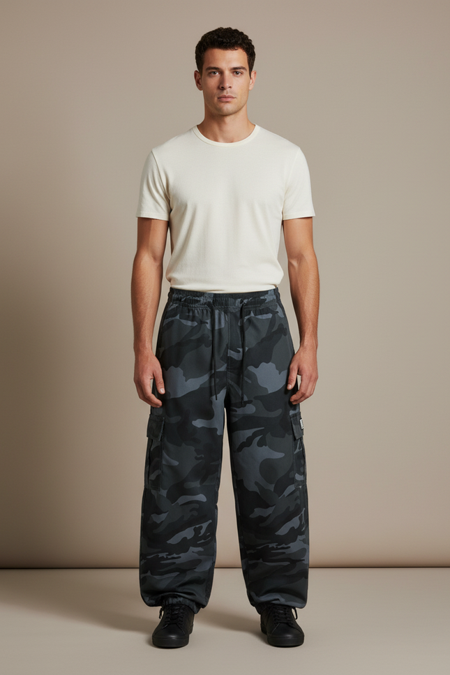 Pantalon Cargo Camouflage Noir Ample Multipoches Homme - Molleton