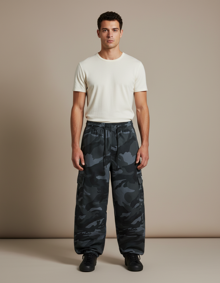 Pantalon Cargo Camouflage Noir Ample Multipoches Homme - Molleton