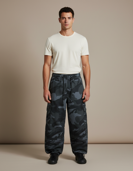 Pantalon Cargo Camouflage Noir Ample Multipoches Homme - Molleton